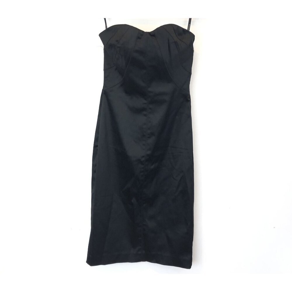 Bebe Black Strapless Satin Senia Midi Dress Size XS Sweetheart Neckline Y2K